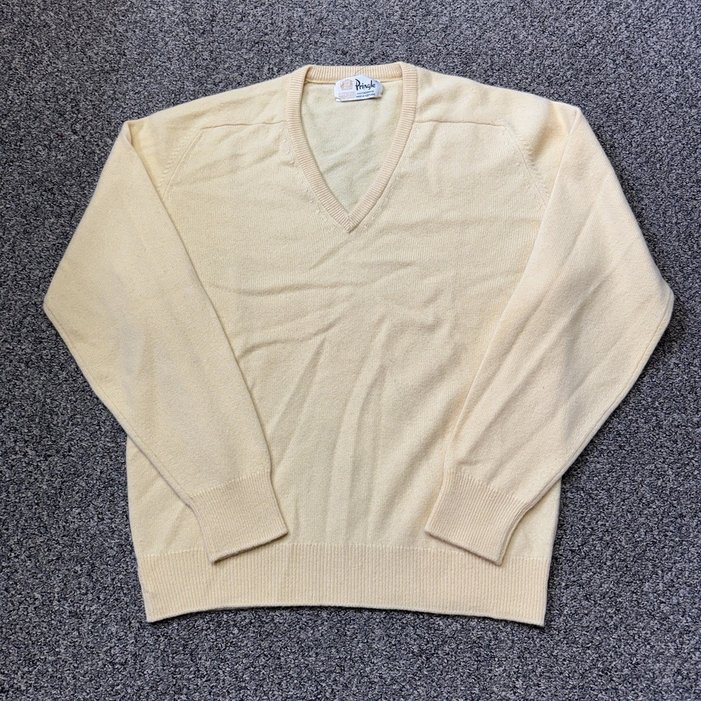 Pringle Sweater Mens XL Yellow 100% Cashmere V Neck Pullover Knit Made Scotland